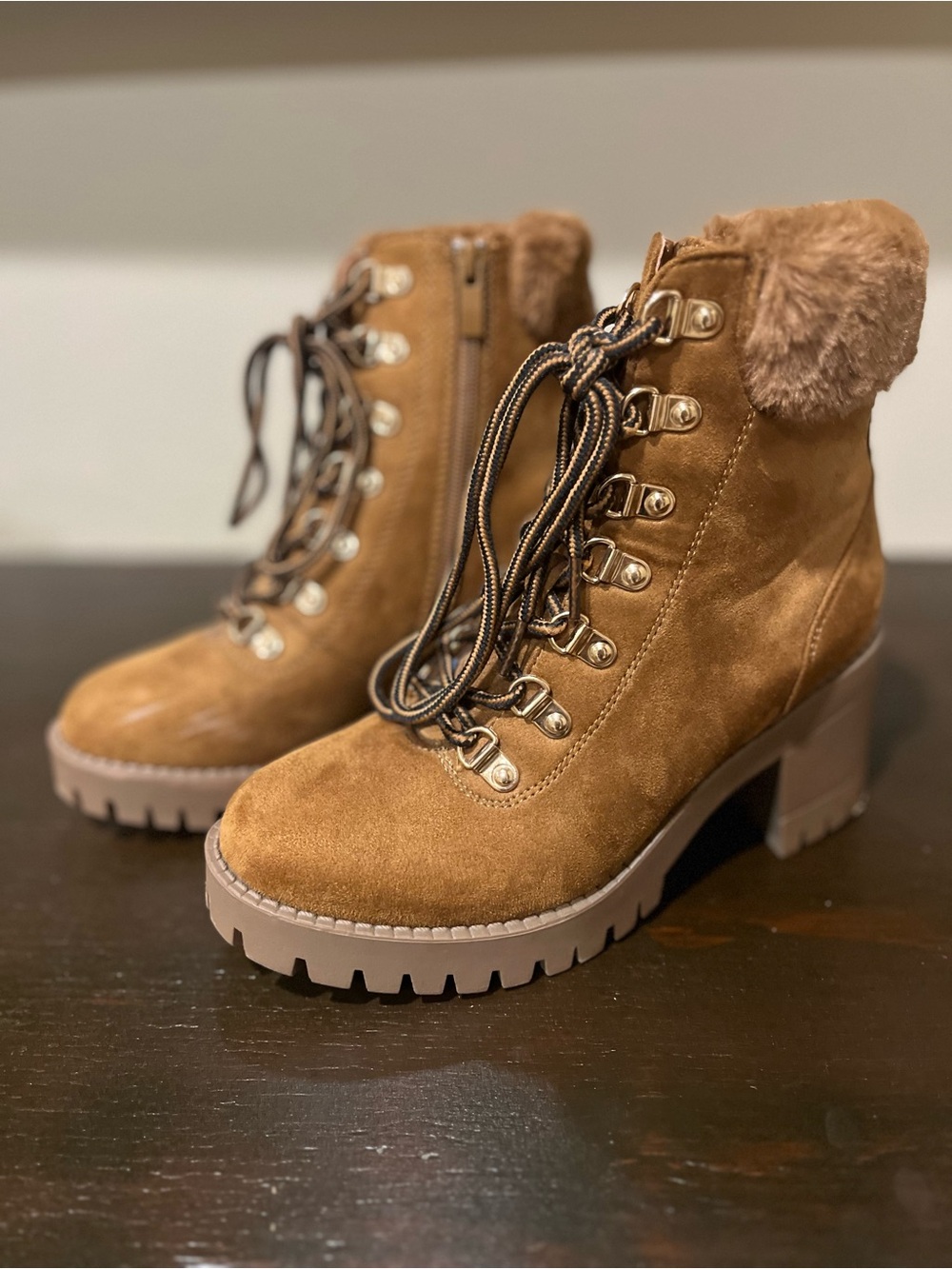 TOP Moda Cognac Faux-Fur Lace-Up Chunky Heel Boots